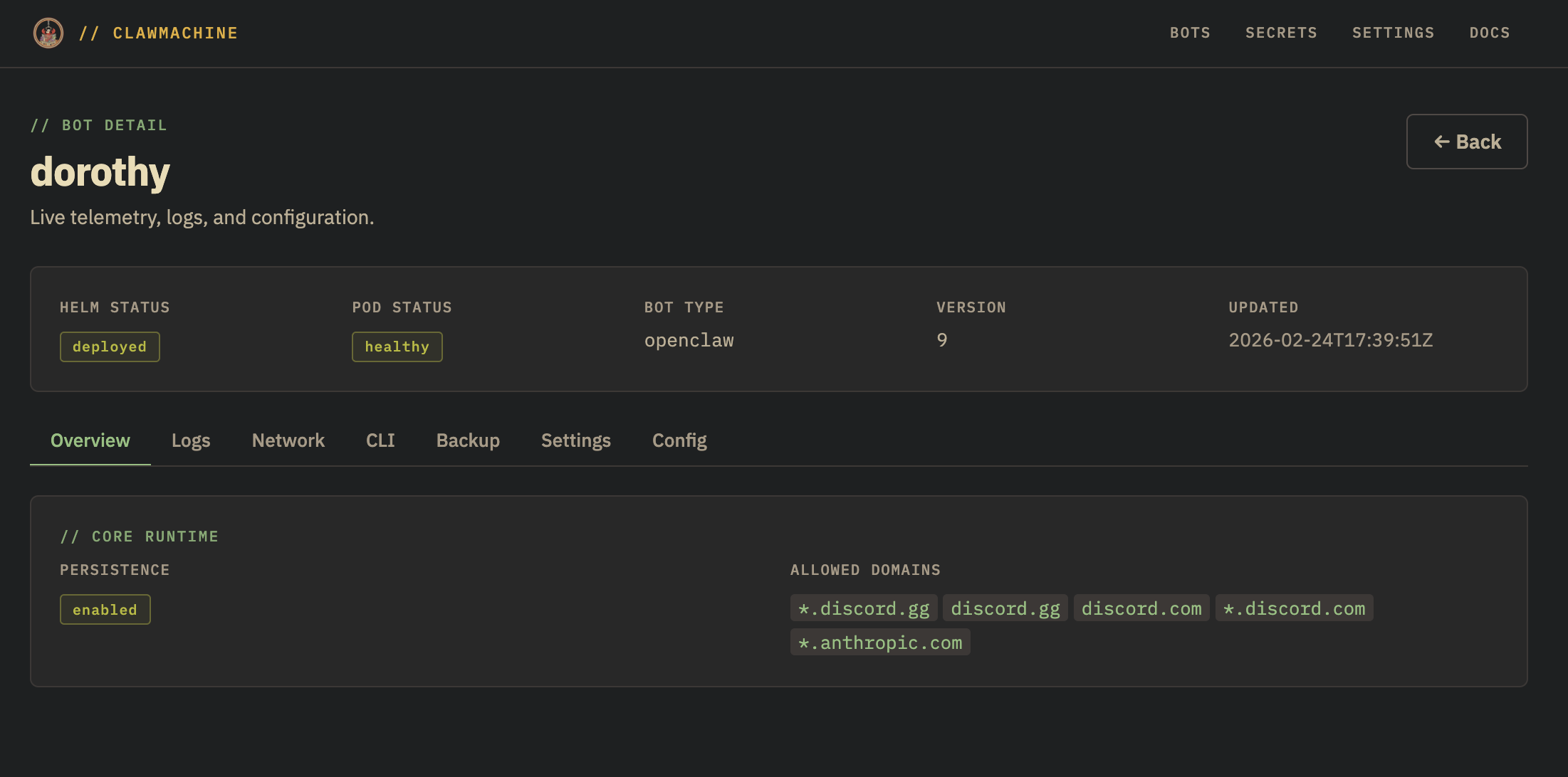 ClawMachine control plane — bot detail view showing status, tabs, and core runtime